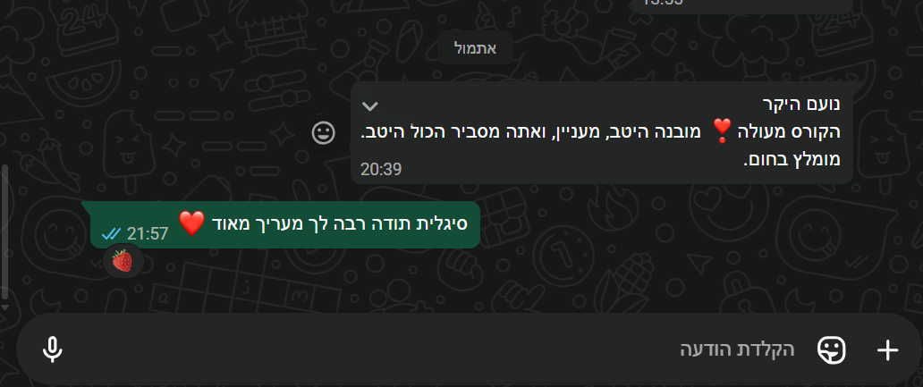 הודעת המלצה מתלמידה בוואטסאפ על קורס ה-AI